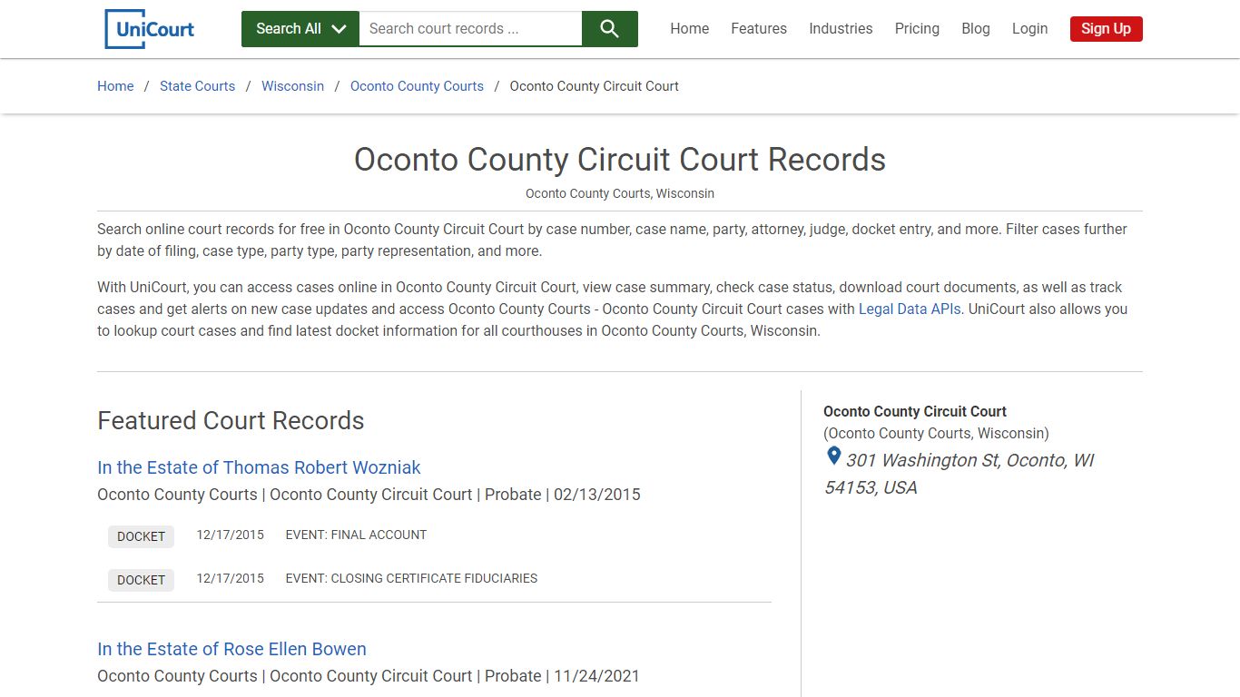 Oconto County Circuit Court Records | Oconto | UniCourt