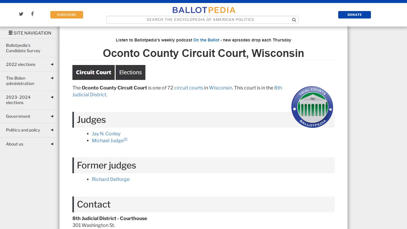 Oconto County Circuit Court, Wisconsin - Ballotpedia